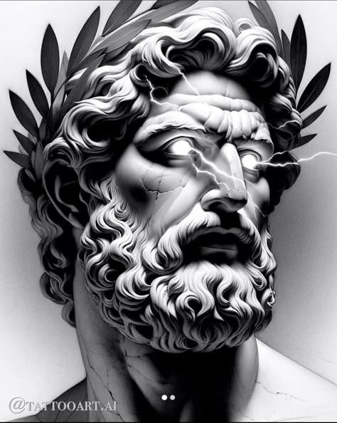 Zeus Statue Tattoo Design, Zeus Tattoo Design, Hercules Tattoo, Zeus Statue, Greek Mythology Statue, Greek God Tattoo, Zeus Tattoo, Rose Drawing Tattoo, Surreal Tattoo