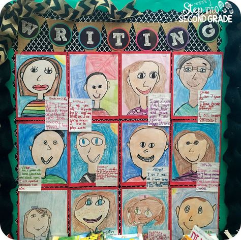 First week of school: Self portraits with writing. Step into 2nd Grade with Mrs. Lemons School Word Search, Rooted In Reading, First Grade Projects, Fun Facts About Me, Amy Lemons, Teachers Week, 2nd Grade Activities, First Grade Art, Facts About Me