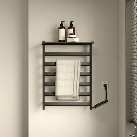 Black Wall-Mount Electric Towel Warmer Heated Towel Rack with Top Shelf Stainless Steel Towel Warmer Rack, Wall Towel Racks, Towel Heater, Electric Towel Warmer, Electric Towel Rail, Heated Towel Rack, Wall Mount Sink, Linen Cabinets, Towel Rack Bathroom