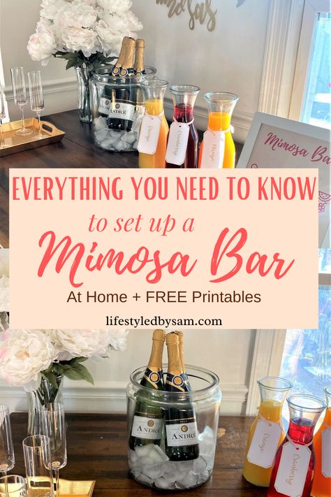 Make Your Own Mimosa Bar, Champagne Brunch Bridal Shower Ideas Mimosa Bar, Home Champagne Bar Ideas, Decor For Brunch Party, Momosa Mimosa Bar Virgin, Mimosa Bar Ideas Wedding, Champagne Mimosa Bar, 40th Birthday Mimosa Bar, Mimosa Wedding Bar