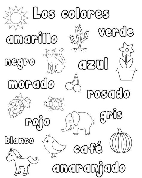 Spanish For Kids - Woksheets Color Worksheets For Preschool, Preschool Spanish, Spanish Colors, Spanish Lessons For Kids, Spanish Worksheets, Flag Coloring Pages, Preschool Colors, Spanish 1, Spanish Phrases