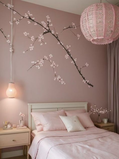 Peach Pink Room Decor, Cherry Blossom In Bedroom, Japanese Cherry Blossom Room Decor, Sakura Room Aesthetic, Cherry Blossom Themed Room, Asian Theme Bedroom, Cherry Blossom Wall Decor, Cherry Blossom Room Aesthetic, Traditional Japanese Bedroom Aesthetic