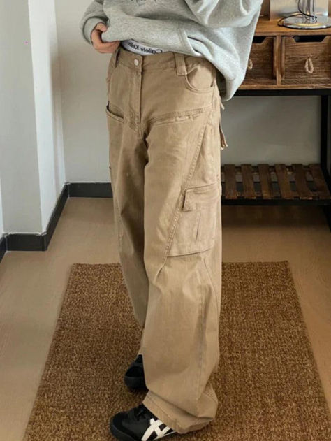 Style: Casual/Street/Punk/Vintage/Y2K/Hip Pop/Preppy/... Fabric Content: Cotton Fit Type: Loose fit Baggy Khaki Pants, Retro Summer Outfits, Evening Party Outfit, Preppy Fabric, Cow Slippers, Pocket Cargo Pants, 90s Y2k Fashion, Street Punk, Oversized Sweater Cardigan