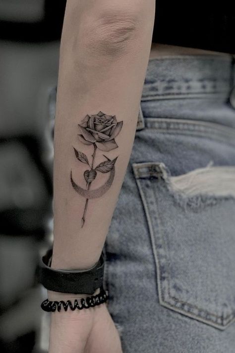 |#tattoo #handtattoo #tattoos #rosetattoo #tattoorose 780 Let Them Rose Tattoo, Moon Roses Tattoo, Rose Matching Tattoo, Tattoo Ideas Female Rose, Matching Rose Tattoos, Moon And Rose Tattoo, Rose And Moon Tattoo, Unique Rose Tattoo, Watercolor Rose Tattoos