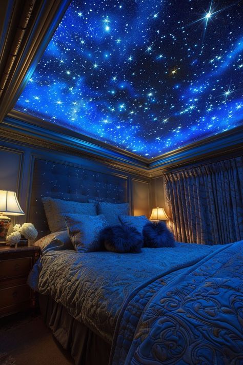 29 Romantic Bedroom Ideas 5 Starry Bedroom Ceiling, Galaxy Ceiling Bedrooms, Night Sky Ceiling Mural, Fabric Ceiling Ideas Bedroom, Sky Ceiling Bedroom, Star Ceiling Bedroom, Star Bedroom Aesthetic, Star Themed Room, Ravenclaw Inspired Bedroom