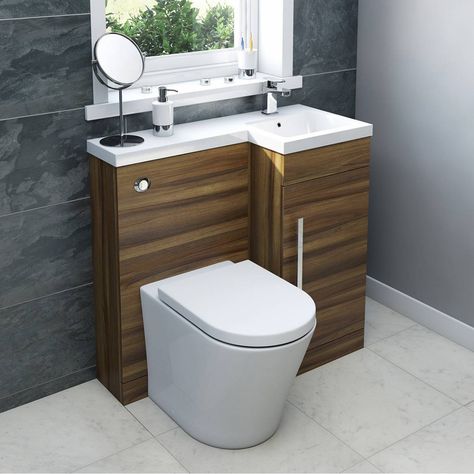 Myspace walnut right handed unit with Arte back to wall toilet Sink Toilet Combo, Small Bathroom Solutions, Small Bathroom Styles, Toilet And Sink Unit, Bathroom Sink Units, Corner Toilet, Small Toilet Room, Small Bathroom Interior, Small Bathroom Sinks