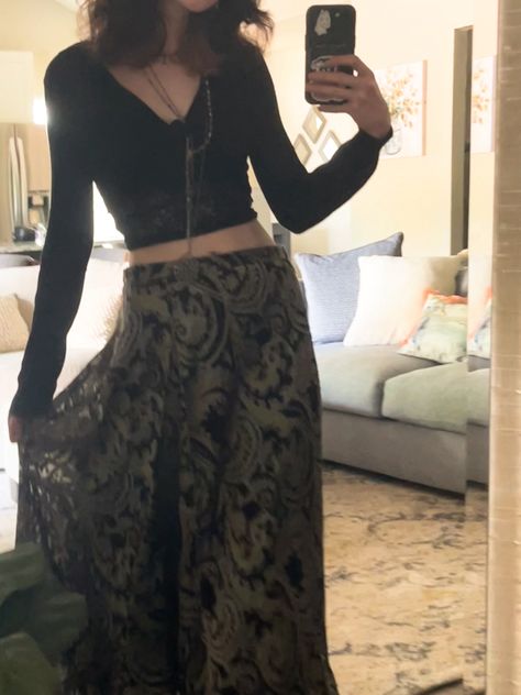 goth whimsigoth whimsy goth outfit inspiration inspo maximalist layered alternative maxi skirt Alternative Maxi Skirt Outfit, Whimsy Goth Skirt, Whimsy Goth Summer Outfit, Whimsigoth Outfits With Pants, Goth Maxi Skirt Outfit, Maximalist Skirt, Whismgoth Outfits, Steakhouse Dinner Outfit, Goth Skirt Outfit