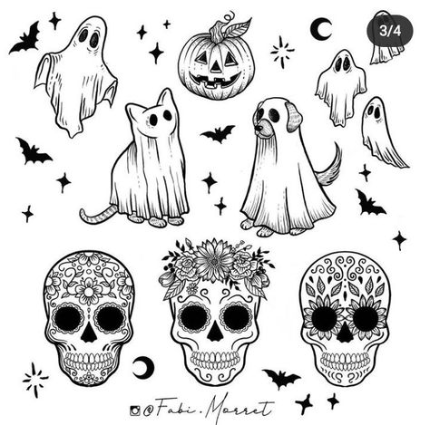 Tattoos Spooky, Halloween Tattoo Flash, Cute Halloween Tattoos, Ghost Tattoo, Theme Tattoo, Flash Sheet, Tattoos Geometric, Spooky Tattoos, Posca Art