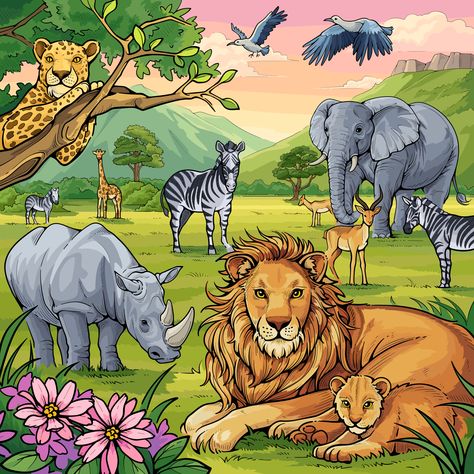 Zoo Drawing, Wild Animals Drawing, Jungle Drawing, Tractor Drawing, Village Drawing, Animal Outline, Safari Kids, Drawing Scenery, Drawing Competition