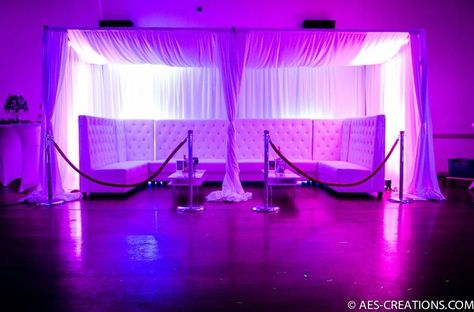 Pipe and drape, Lounge furniture and Cabanas on Pinterest Sweet16 Ideas, Disco Santa, Burlesque Theme, Purple Uplighting, Club Interior, Sweet 15 Party Ideas Quinceanera, Sweet 15 Party Ideas, Party Design Ideas, Charity Ball