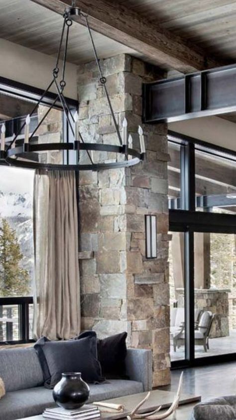 Stone Columns Interior, Columns In Living Room, Pillar Design Interior, Mountain Living Room, Columns Inside, Columns Interior, Column Cladding, Column Ideas, Brick Columns