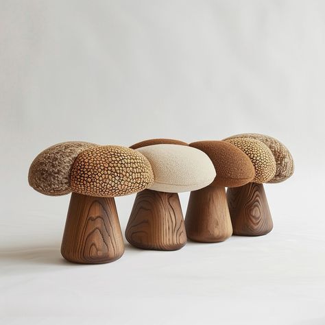 Mushroom -inspired benches 🍄✨ These bench designs tailor-made pieces feature upholstered cushions in rich, autumnal patterns and hues, bringing the cozy essence of fall into our home. The organic, wood-carved bases complement the textured fabric, making it a harmonious blend of nature and comfort Interesting Chairs, Chair Making, Loose Furniture, Kids Room Furniture, Wooden Stool, Bench Designs, Organic Wood, Low Stool, Glam Style