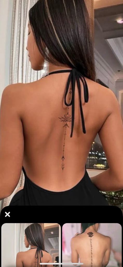 Flowery Back Tattoos, Top Spine Tattoo, Tattoo Rug Dames, Symbol Back Tattoo, Center Back Tattoo Women, Spin Tattoos For Women, Spin Tattoos, Tattoo Espalda Mujer, Side Body Tattoos