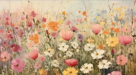 Field Of Flowers Wallpaper Desktop, Flower Field Illustration Art, Wildflower Field Illustration, Ghibli Flower Field, Flower Field Landscape Horizontal, Flower Field Horizontal, Flower Field, Flowers, Plants