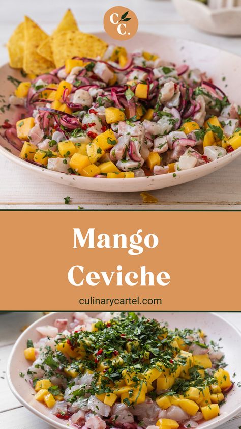 Gorgeous traditional Peruvian ceviche gets a sweet and tangy modern revamp with the addition of mango in this easy mango ceviche recipe. #ceviche #cevicherecipe #cevicherecipemexican #cevicheshrimp #cevicherecipefish culinarycartel.com Lychee Ceviche, Swordfish Ceviche, Calamari Ceviche Recipe, Peruvian Ceviche Recipe, Tilapia Ceviche Recipe, Ceviche Recipe Mango, Fish Ceviche Recipe, Cevechi Recipe, Mango Ceviche