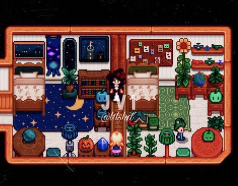 stardew valley. kids room. indoor decoration. Interior design Stardew Nursery Design, Stardew Valley Kids Room Design, Stardew Valley Kids Room, Stardew Valley Interior, Stardew Valley House Interior, Valley House, Stardew Valley Layout, Stardew Valley Farms, Kids Room Interior Design