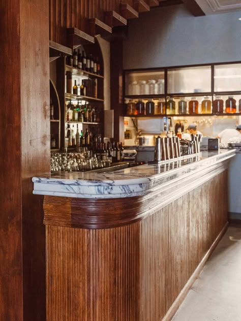 Robert Venturi, Lisbon Restaurant, Marble Bar Top, Blue Dining Chair, Marble Bar, Hospital Interior Design, Bar Room, Basement Bar, Wood Bar