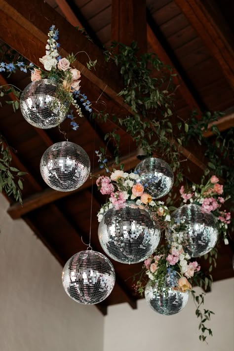 Floral Disco Ball Installation Floral Disco Ball, Disco Ball Chandelier, Disco Ball Installation, Ball Installation, Wedding Diys, Dogwood Branches, Disco Theme, Wedding Reception Flowers, Bachelorette Decorations