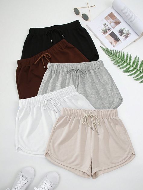 Multicolor Casual Collar  Fabric Plain Track Shorts Embellished Slight Stretch Summer Women Clothing Different Shorts Types, Cute Summer Bottoms, Short Shein, Short Clothes, Crop Top Swimsuit, Shorts Aesthetic, Cute Pajama Sets, Sports Shorts Women, Drawstring Waist Shorts