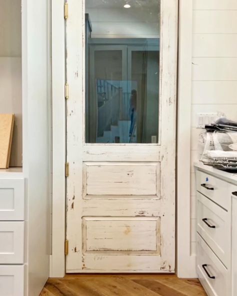 Solid wood construction. Painted and distressed. Transparent glass. Double Pantry Door Ideas, Double Pantry Door, Turned Leg Coffee Table, Double Pantry, Pantry Door Ideas, Barn Door Console, Fireplace Console, Custom Doors, Vintage Doors