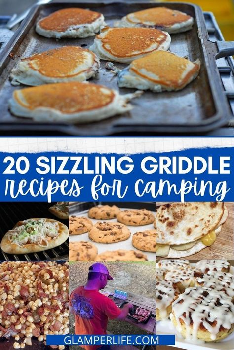 If you love camping, here are 20 reasons to make sure you pack a griddle on your next trip! We actually keep TWO different griddles in our RV - an electric griddle and a cast iron griddle that can go on the grill or over a campfire. Griddle recipes are easy and SO versatile! You can cook up delicious breakfasts, lunches, dinners and even dessert on your griddle top. Check out our post for some great recipe ideas! #camping #rvlife #glamperlife #rv #griddle #recipe Camping Dinners Grill, Best Blackstone Camping Recipes, Easy Camping Meals On Griddle, Tailgate Griddle Recipes, Dinner On A Griddle, Black Stone Griddle Recipes Camping, Camping Food On Griddle, Blackstone Grill Recipes For Camping, Things To Make On A Griddle