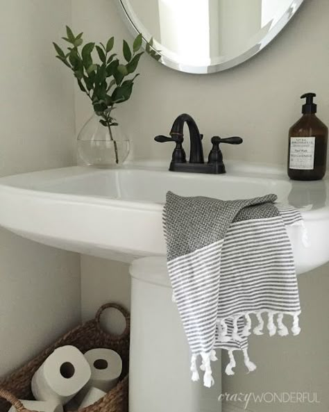 our powder room - Crazy Wonderful Half Bath Decor, Simple Bathroom Designs, Sink Decor, Simple Bathroom Decor, Powder Room Decor, Bad Inspiration, Hall Bathroom, Pedestal Sink, Downstairs Bathroom