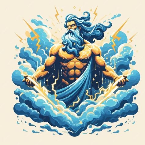 Premium Vector | A flat design of zeus with thunder and clouds Zeus Painting, Zeus Illustration, Zeus Design, Mythology Illustration, Zeus Lightning, Greek Myth, Greek Myths, Business Card Maker, Card Banner