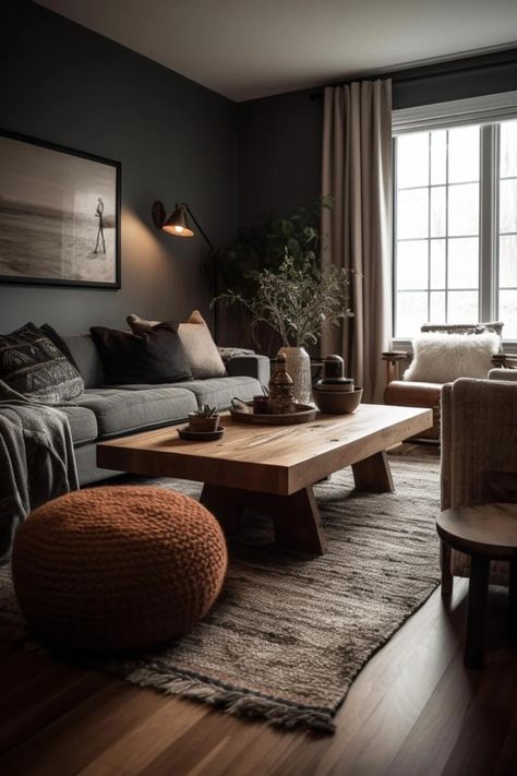 Black Wood Aesthetic Home, Dark Wood Aesthetic Living Room, Grey And Natural Wood Living Room, Dark Cosy Living Room Ideas, Moody Small Living Room, Dark Cozy Home, Bachelor Living Room Decor, Gray And Brown Living Room Ideas, Dark Scandinavian Living Room