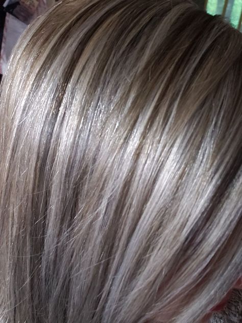 Frosted Balayage Hair, Low Lighting Blonde Hair, Streaking Cap Highlights Hair Colors, Brown Going Grey Hair, Platinum Highlights To Blend Gray, Icy Grey Blonde Hair With Lowlights, Lowlights For Gray Hair Low Lights, Ash Brown Low Lights For Blonde Hair, Hair Color Ideas For Blending Grey