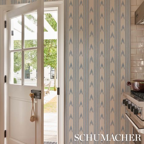 Ikat Wallpaper, Mark Sikes, Hall Wallpaper, Hallway Wallpaper, Schumacher Wallpaper, Mark D Sikes, Wallpaper Ceiling, Timeless Interiors, Nursery Room Inspiration