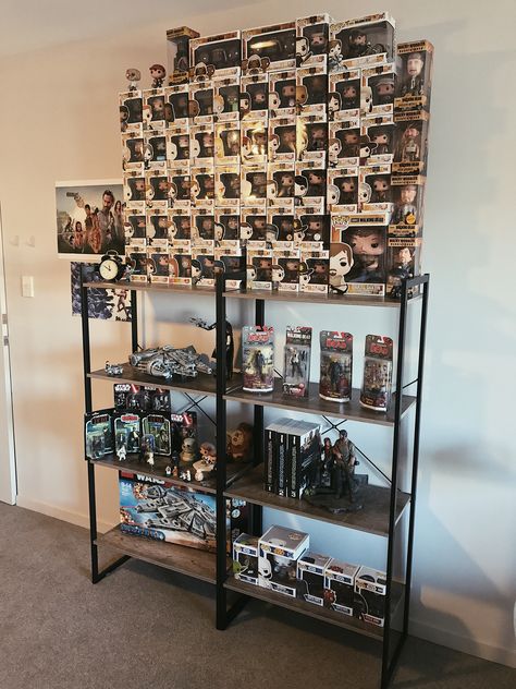 Pop Vinyl display, the walking dead, star wars, millennium falcon, Lego Twd Room Decor, Twd Room, Pop Vinyl Display, Batman Cave, Funko Pop Display Ideas, Christian Serrato, Millennium Falcon Lego, Horror Room, Funko Pop Display