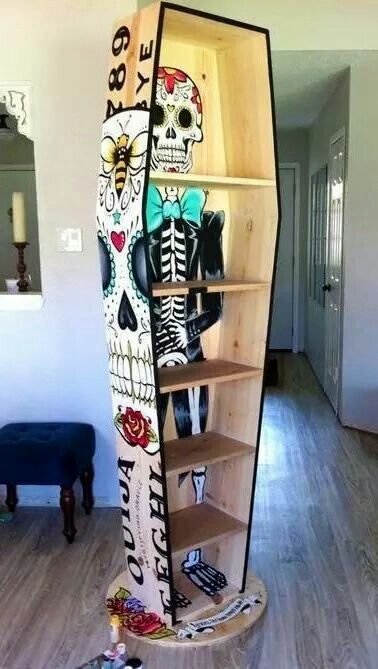 Calavera Shelfie Coffin Bookcase, Skull Decor, Funky Furniture, Gothic House, Cool Furniture, Sugar Skull, Ladder Decor, Home Projects, Painted Furniture