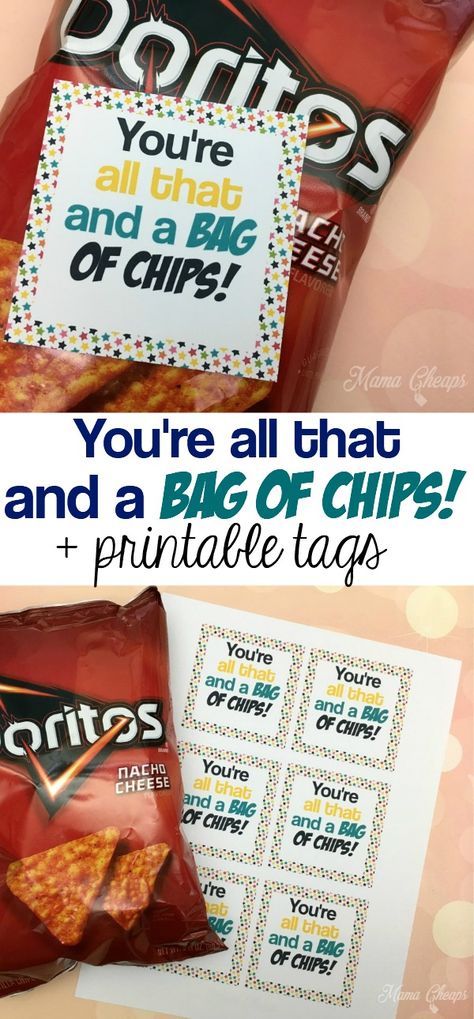 Here's a quick and easy Valentine!  Stick our printable tags on a bag of chips! https://www.mamacheaps.com/2018/02/bag-of-chips-valentine.html Your All That And A Bag Of Chips Tag, Coworker Gift Tags Free Printable, Teacher Appreciation Chips, Chip Chip Hooray Printable Free, Team Appreciation, Sunshine Committee, Lab Week, Staff Morale, Teacher Appreciation Printables