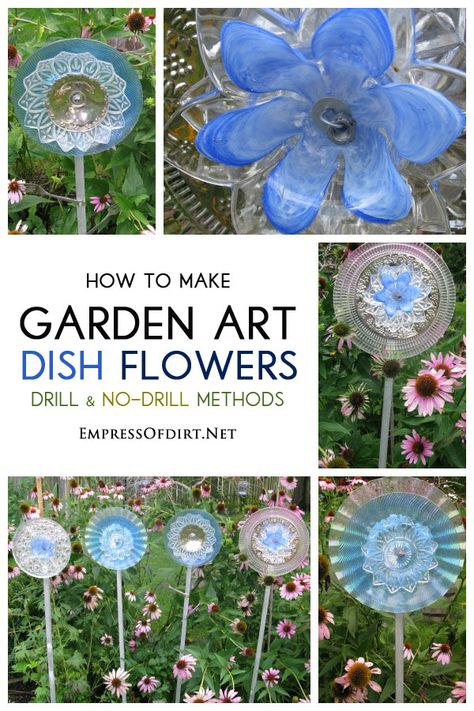 How to make garden art dish flowers using both drill and no-drill methods Glassware Garden Art, Glass Garden Flowers, Garden Totems, Glass Plate Flowers, Dish Garden, Garden Whimsy, Glass Garden Art, Garden Art Projects, Garden Art Crafts