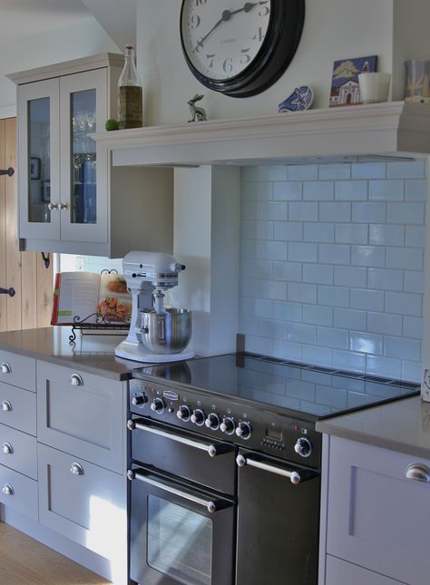 Shaker kitchen with glazed wall units.  Faux canopy above range cooker. Shelf Above Cooker Ideas, Extractor Hood Ideas Range Cooker, Cooker Canopy Ideas, Range Cooker Hood Ideas, Mantel Over Range Cooker, Kitchen Wall Units Ideas, Range Cooker In Chimney Breast, Cooker Shelf, Cooker Mantle