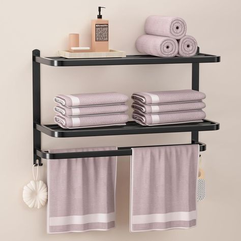 About this item  Stainless Steel：The 3 Tier Bathroom bath towel shelf multi towel rack is made of 304 stainless steel. We also take care of invisable area: Stainless steel screws and copper accessory, which can effectively prevent rust and corrosion. Towel rack is suitable for wet spaces such as bathroom and shower to keep towels tidy and orderly. All in One Towel Rack: The unique and simple 3-Tier towel shelf adds more convenience to the bathroom. Large capacity can hold multiple towels,bath towels,Bathrobe and pajamas.You could stack or hang more towels on this 3-layer shelf to keep the bathroom clean and tidy. Black Matte Finish: Each towel bar is polished to make it smooth and round.The edges are round and comfortable, so you don't have to worry about scratching your hands. It can be c Towel Racks For Bathroom, Layer Shelf, Bathroom Large, Copper Accessories, Towel Shelf, Black Towels, Wet Towel, Towel Racks, Towel Rack Bathroom