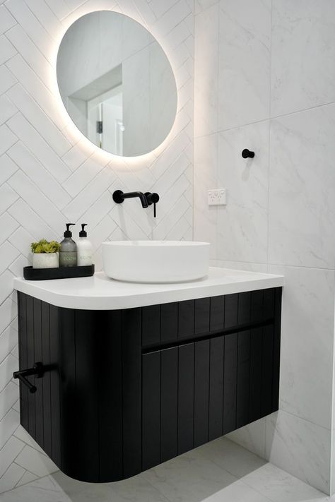 Black Floating Vanity Bathroom, Vanity Ideas Black, Small Vanity Ideas Bathroom, Black Floating Vanity, Vanity Bathroom Ideas, Floating Vanity Bathroom, Black Cabinets Bathroom, Matte Black Vanity, Modern Powder Rooms