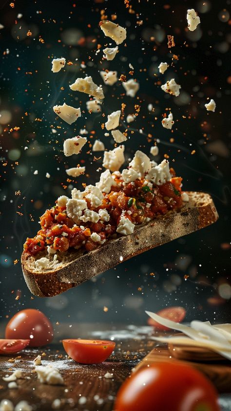 one delicious a slice of bread with lutenitsa (red paste of tomatoes and papers) topped with white cheesee crumble, floating in the air, cinematic, professional food photography, studio light, studio background, advertising photography, intricate details, hyper detailed, ultra realistic, 8k UHD --v 6 Food Photography White Background, Food Photography Studio, Professional Food Photography, Food Photography Composition, Studio Light, Studio Background, Slice Of Bread, Advertising Photography, Photography Studio