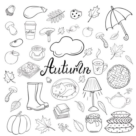 How To Draw Autumn, Fall Drawings Autumn, Cute Fall Doodles, Cozy Doodles, Doodle Fall, Autumn Sketches, Fall Doodles, Doodle Elements, Autumn Doodles