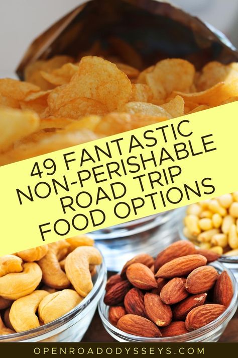 Non Perishable Healthy Snacks, Foods To Pack For Road Trip, Easy Non Perishable Snacks, Road Trip Healthy Food, Road Trip Picnic Food Ideas, Travel Foods Road Trip, Food To Take On A Road Trip, Vegan Road Trip Food, Healthy Non Perishable Snacks