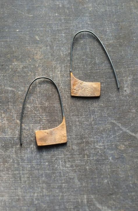 Brass and silver earrings oxidized brass mixed metal | Etsy Brass Jewellery Handmade, Metal Jewellery, Geometric Hoop Earrings, Mixed Metal Earrings, Contemporary Earrings, Oxidized Brass, Mixed Metal Jewelry, Artisan Earrings, Handmade Brass