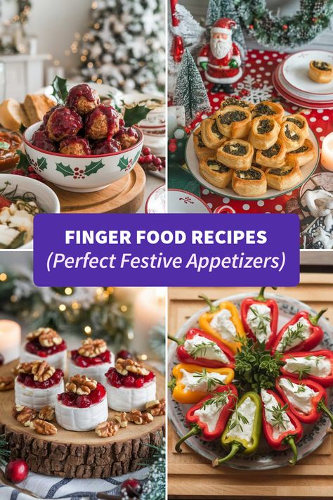 A collection of four festive finger food appetizers perfect for holiday gatherings. Includes cranberry glazed meatballs, spinach and feta puff pastry bites, cranberry brie bites, and stuffed mini peppers. Ideal for Christmas and festive parties. Appetizer Recipes For Christmas, Feta Puff Pastry, Mini Taco Cups, Cranberry Glaze, Puff Pastry Bites, Cranberry Brie Bites, Pastry Bites, Savory Meatballs, Cranberry Brie