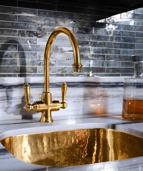 Brass Sinks Kitchen, Bar Sinks Ideas, Brass Sink Kitchen, Brass Faucet With Stainless Steel Sink, Sink Trends, Gold Kitchen Sink, Waterworks Kitchen, Brass Kitchen Sink, Brass Faucets