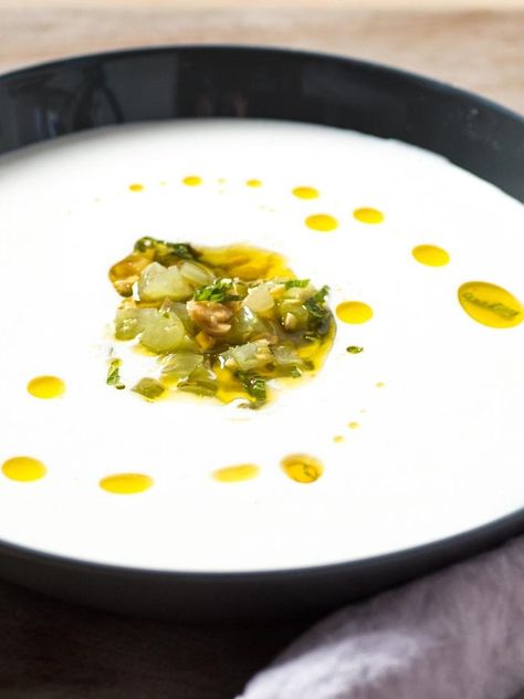 Almond Soup Recipe, Chilled Soup Recipes, Almond Soup, Spring Soup Recipes, Sauteed Squash, Cold Soup Recipes, Recipe Ingredients List, Spring Soups, Creamy Asparagus