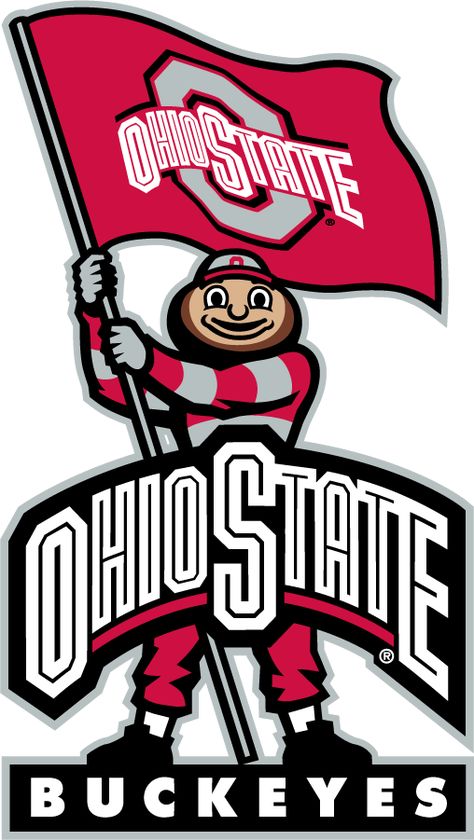 Ohio State Buckeyes Logo Mascot Logo (2006-2013) - Brutus mascot logo waving a flag with the Athletic Block O while standing behind the arched OHIO STATE logotype and atop BUCKEYES shown in scarlet, gray, black, brown, and tan. The logotype was revised in 2013. SportsLogos.Net Ohio State Mascot, University Stickers, Ohio State Brutus, Ohio State Logo, Brutus Buckeye, Ohio State Buckeyes Football, Vinyl For Cars, Buckeyes Football, The Ohio State University