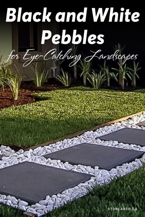 STONEarch Product Feature: Black and White Pebbles for Landscaping 	Black and White Pebbles for Eye-Catching Landscapes Pebbles And Pavers Backyard Ideas, Black Stepping Stones Garden Paths, White Pebbles Landscape, Pavers And Pebbles, Black And White Backyard, Modern Pathway, Landscaping Aesthetic, Minimalist Backyard, Front Pathway