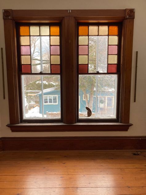 Stain Glass Interior Door, Adding Stained Glass To Windows, Stained Glass Home Decor, Vintage Stained Glass Windows, Stained Glass Cabin, Stained Glass Corners, Room With Stained Glass Window, Stained Glass Partition Wall, Simple Stained Glass Windows