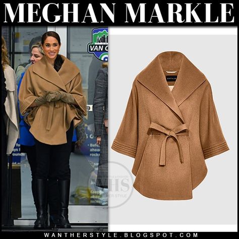 Meghan Markle in camel sentaler belted cape and black CO boots Belted Cape, Cape Outfit, Meghan Markle Style, Camel Sweaters, Professional Office, Style Finder, Royal Wedding, Winter 2024, Meghan Markle