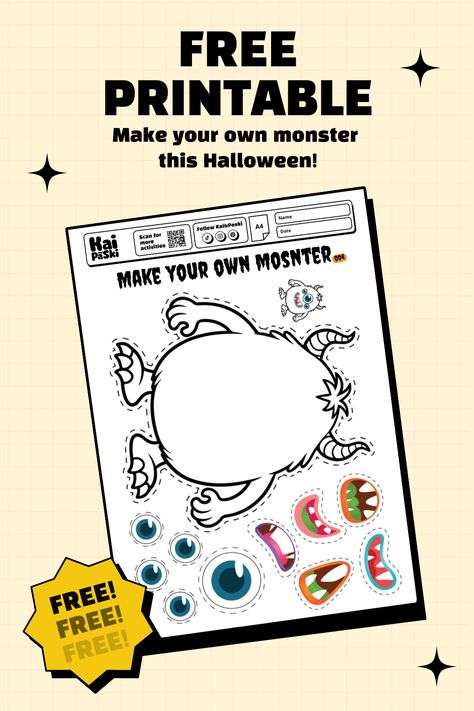 Let your kids' imaginations run wild this Halloween with this FREE 'Make Your Own Monster' printable!   🖍️🧟‍♂️ Perfect for coloring, crafting, and creating silly or spooky monsters. A fun and creative activity to keep your little ones busy and excited for Halloween!   Download now and let the monster-making begin! 🎨👹 #HalloweenCrafts #FreePrintable #MonsterFun #KidsActivities #HalloweenCreativity" Create Your Own Monster, Monster Printable, Create A Monster, Make Your Own Monster, Monster Crafts, Creative Activities, Book Activities, Halloween Crafts, Free Printable