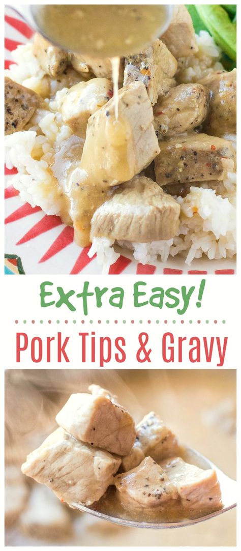 Four-ingredient Pork Tips with Gravy might be my favorite pork recipe ever, and that's saying a lot! This meal is so simple and delicious that you'll want to put it on your menu every week. #pork #gravy #easydinner Pork Tenderloin Tips, Cream Of Mushroom Pork Tenderloin, Pork Tenderloin Cream Of Mushroom, Pork Loin With Mushroom Gravy, Pork Medallions With Onion Gravy, Pork With Creamy Mushroom Sauce, Tenderloin Tips Recipe, Pork Dinner, Slow Cooker Dinner